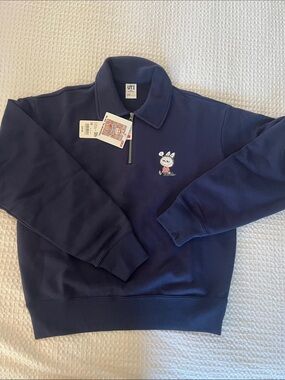 Labubu Graphic Half-Zip Pullover Sweater - Navy